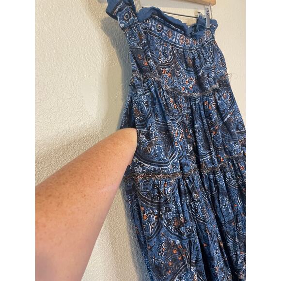 Free People Boho Cottage Core Blue Printed Tiered Linen Blend Maxi Skirt Small - Picture 2 of 16